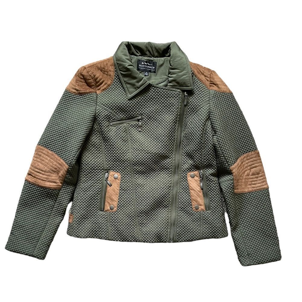 MONTANA CO Short Quilted Women's Jacket, M-L, Olive Green w/ Tan Accents